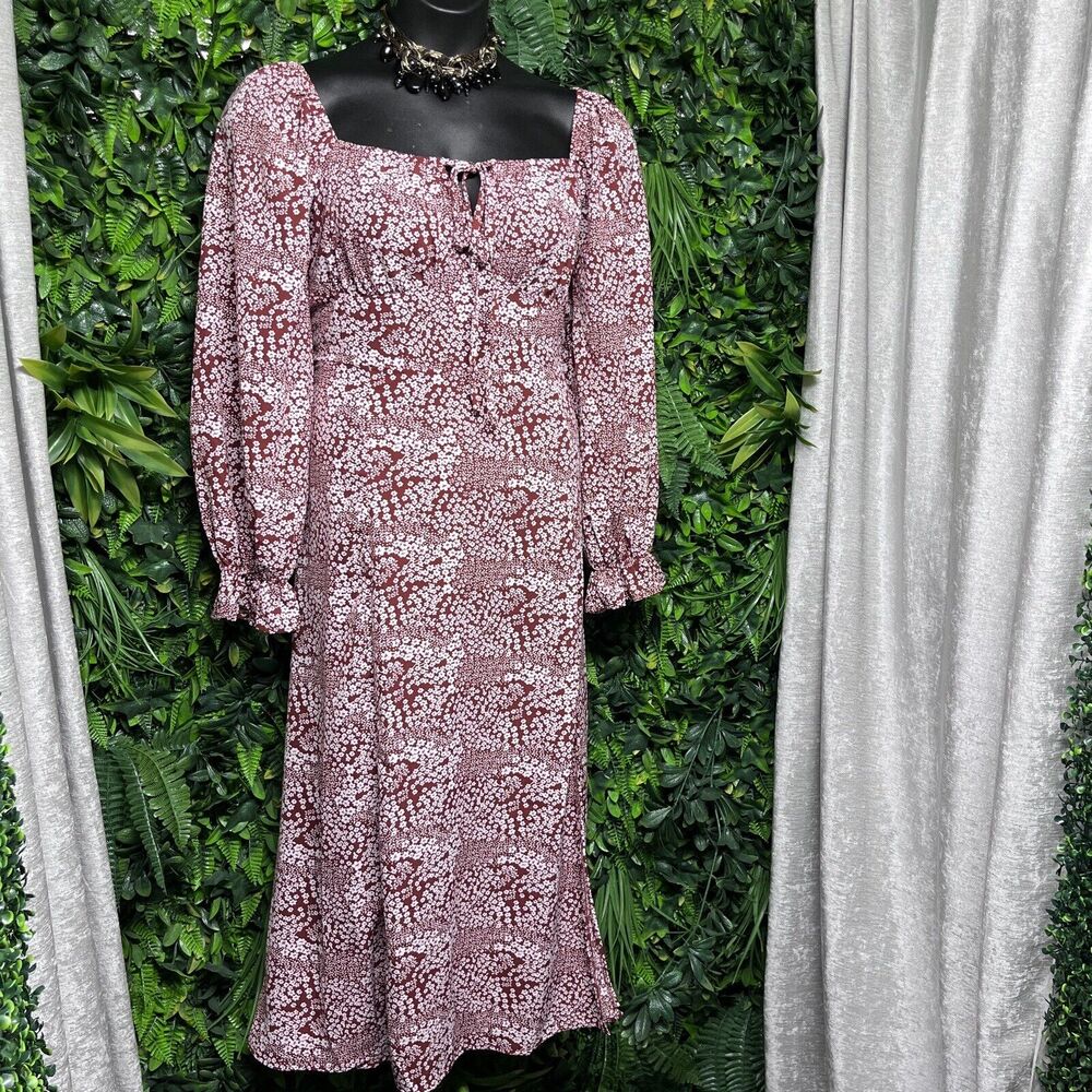 Stylish Dress Women XL Red Rusted Floral‎ Maxi Ruffle Accent Cottage 2486